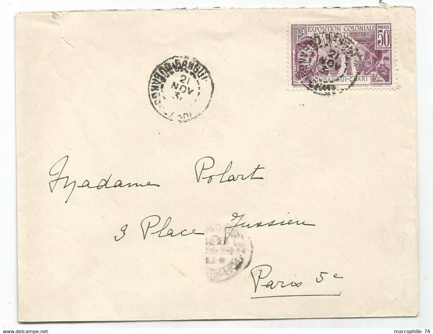 OUBANGUI CHARI 50C EXPO COLONIALE LETTRE COVER BANGUI 21 NOV 1931 TO FRANCE - Covers & Documents