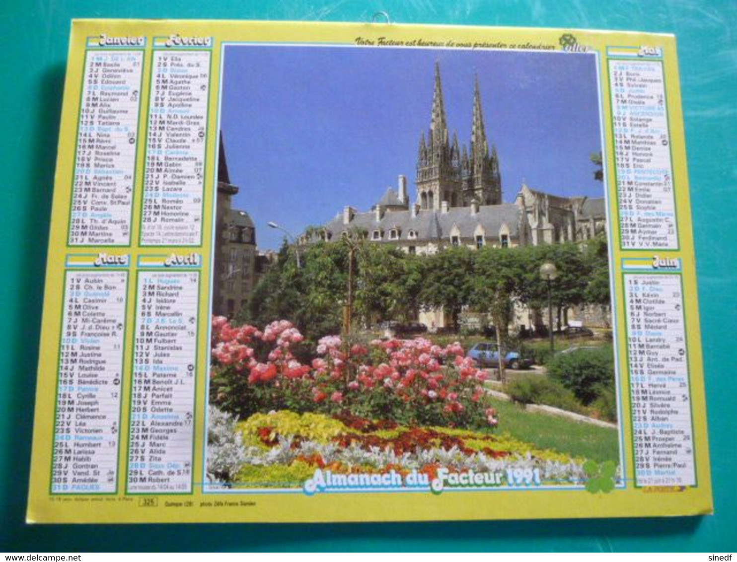 Calendrier 1991 Oller Quimper Cathédrale Château Chenonceaux  Almanach Facteur PTT POSTE Département Sarthe - Grand Format : 1991-00