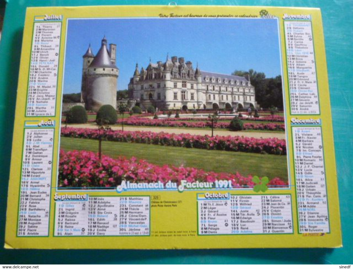 Calendrier 1991 Oller Quimper Cathédrale Château Chenonceaux  Almanach Facteur PTT POSTE Département Sarthe - Grand Format : 1991-00