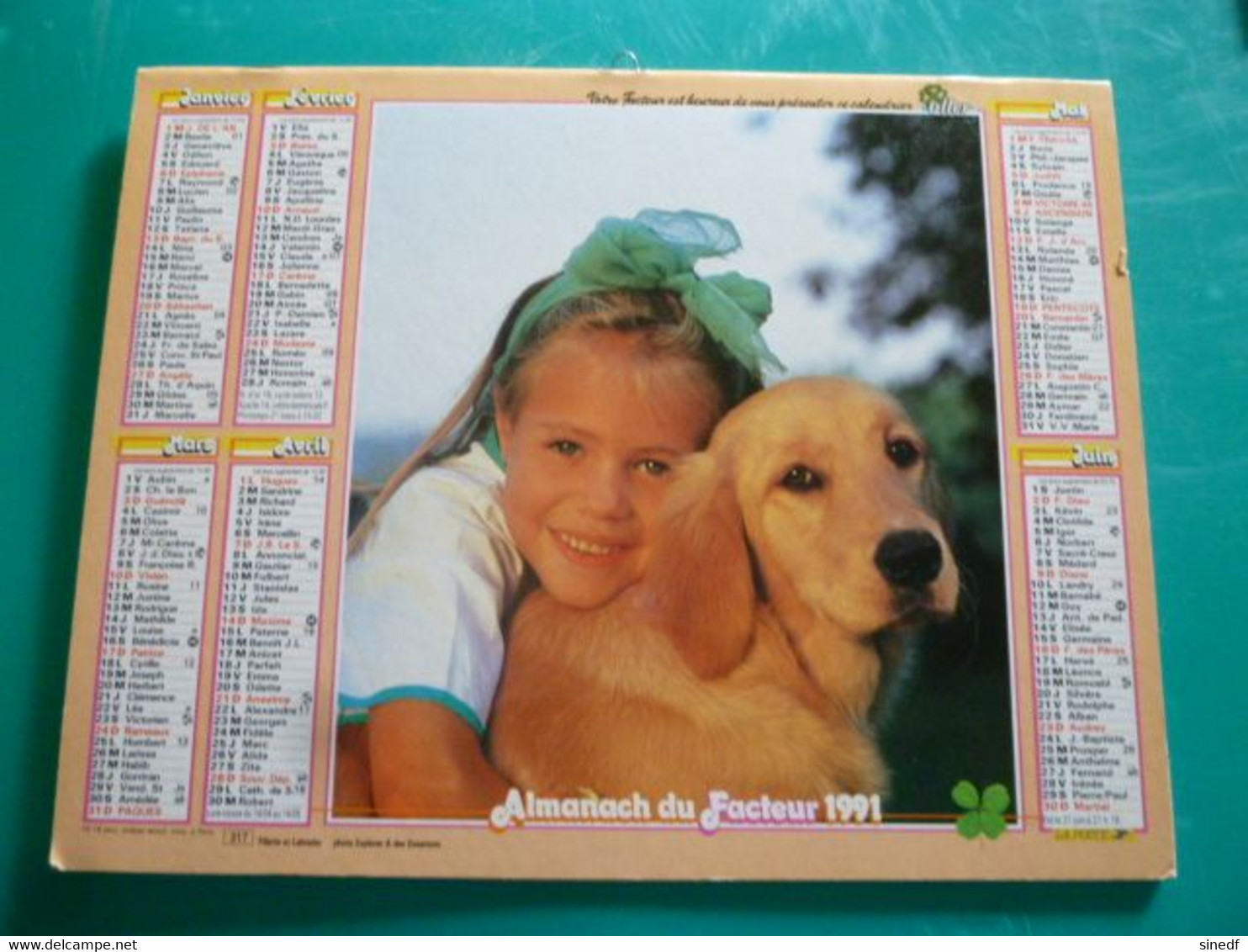 Calendrier 1991 Oller Fillette Chien Labrador Caneton  Almanach Facteur PTT POSTE Département Sarthe - Grand Format : 1991-00