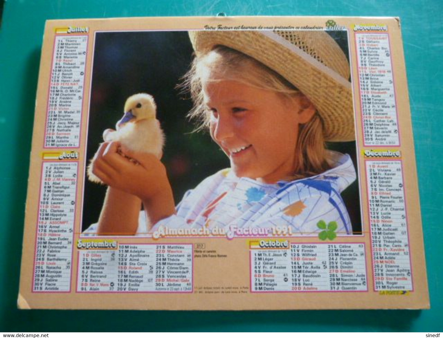 Calendrier 1991 Oller Fillette Chien Labrador Caneton  Almanach Facteur PTT POSTE Département Sarthe - Grand Format : 1991-00