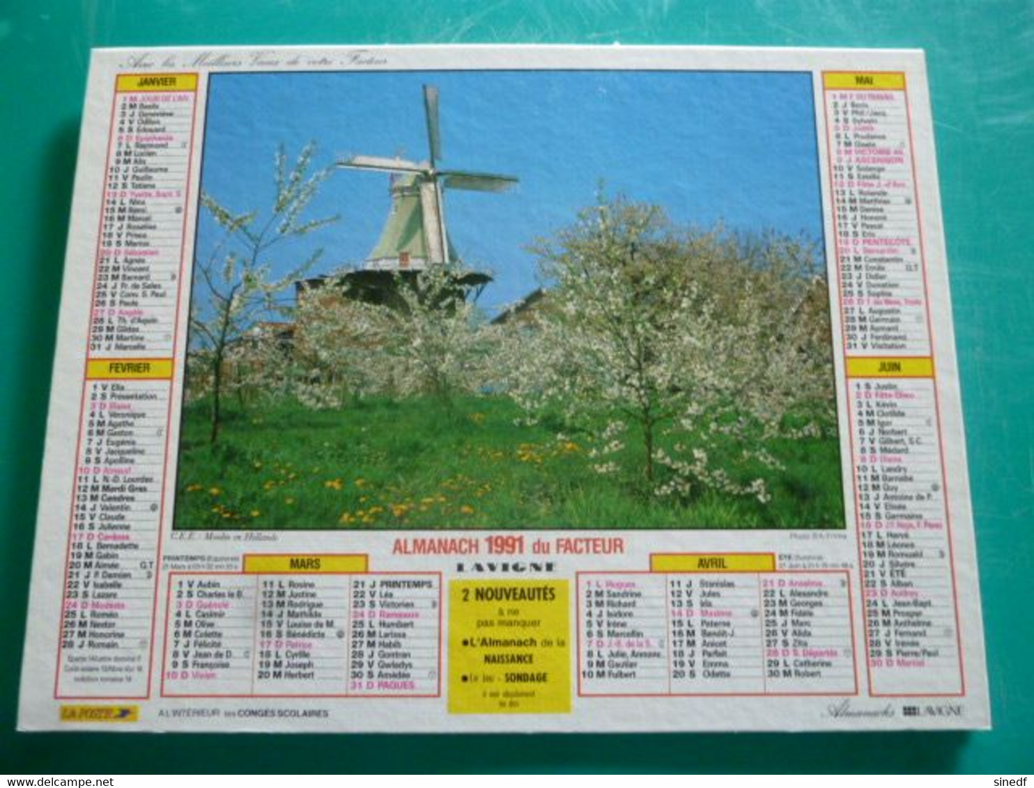 Calendrier 1991 Lavigne Moulin Hollande Oberbayern   Almanach Facteur PTT POSTE Département Sarthe - Grand Format : 1991-00