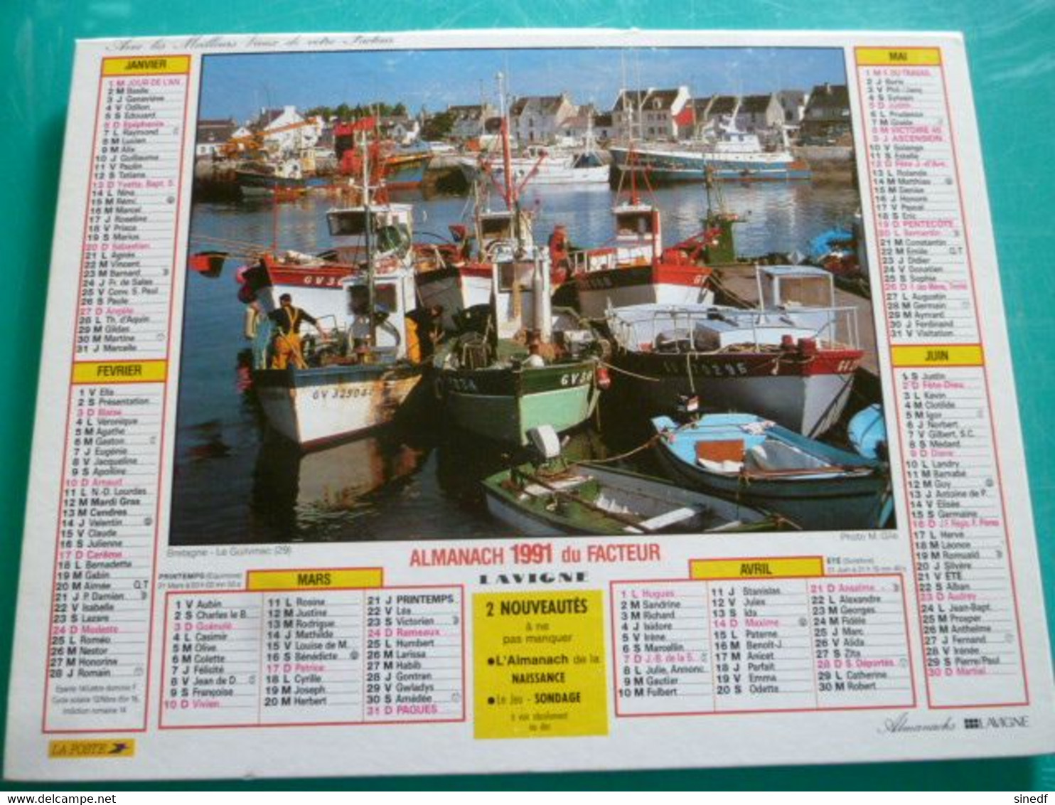 Calendrier 1991 Lavigne Normandie Printemps Vaches LE GUILVINEC Port Almanach Facteur PTT POSTE Département Sarthe - Grand Format : 1991-00