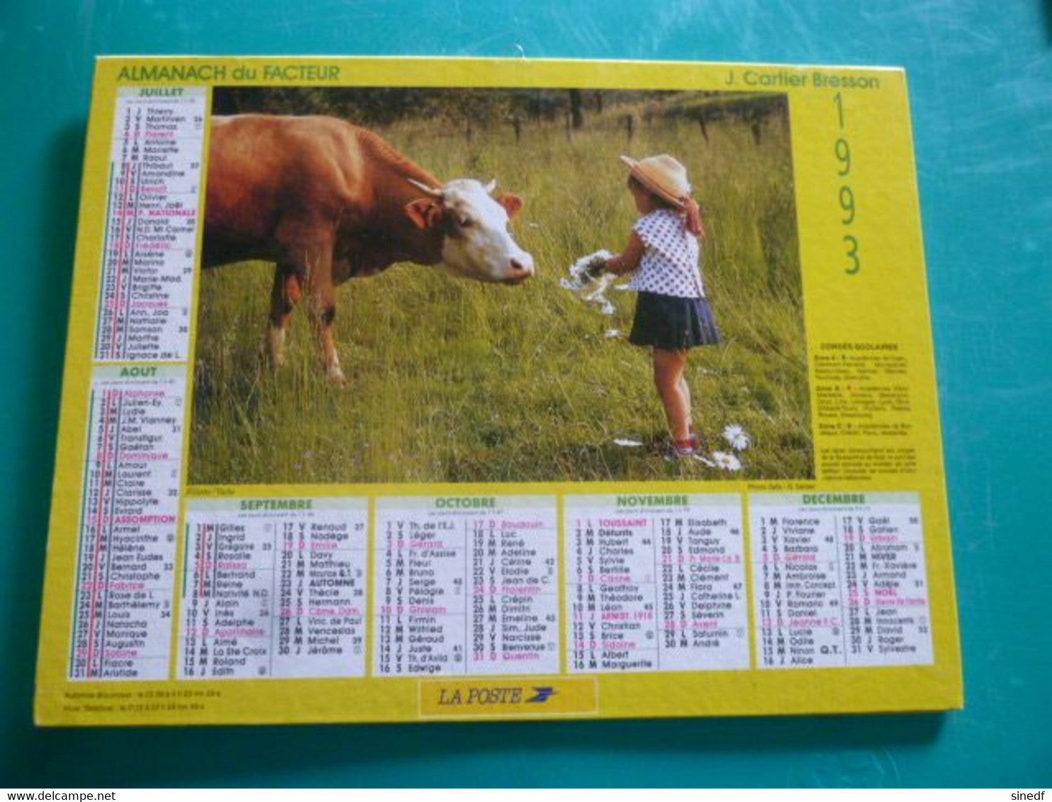 Calendrier 1993 Cartier Bresson Fillette Lapin Vache Almanach Facteur PTT POSTE Département Sarthe - Grand Format : 1991-00