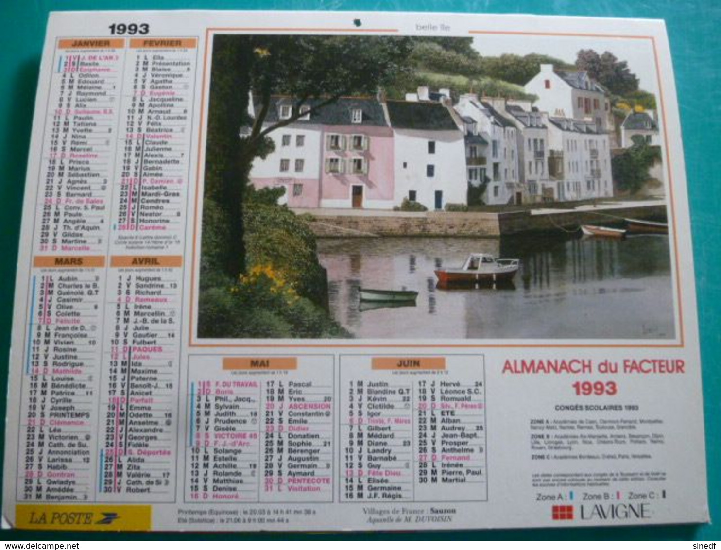 Calendrier 1993 Lavigne MENERBES Aquarelle Duvoisin SAUZON Rare Almanach Facteur PTT POSTE Département Sarthe - Grand Format : 1991-00