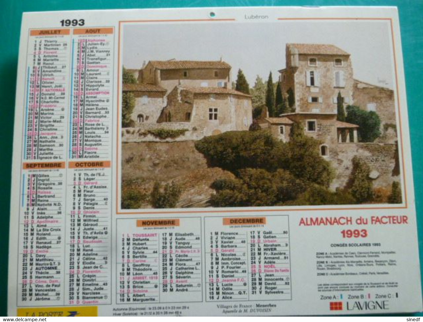 Calendrier 1993 Lavigne MENERBES Aquarelle Duvoisin SAUZON Rare Almanach Facteur PTT POSTE Département Sarthe - Grand Format : 1991-00