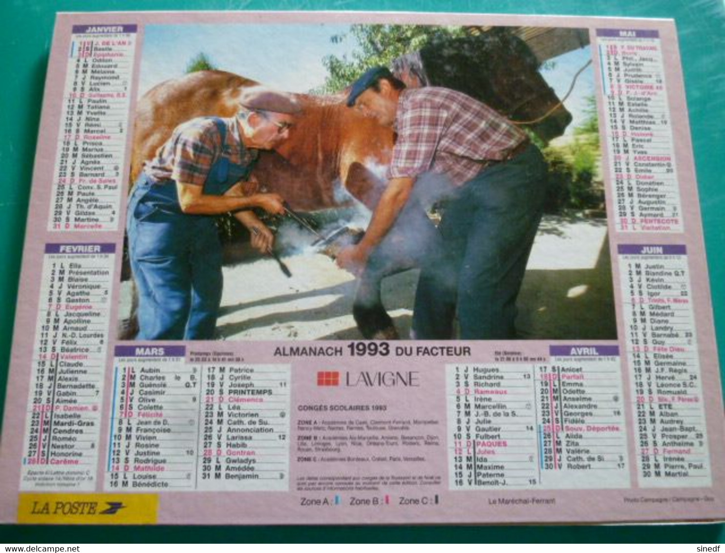 Calendrier 1993 Lavigne  Marechal Ferrant Cheval Fileuse Au Rouet Métier  Almanach Facteur PTT POSTE Département Sarthe - Grand Format : 1991-00