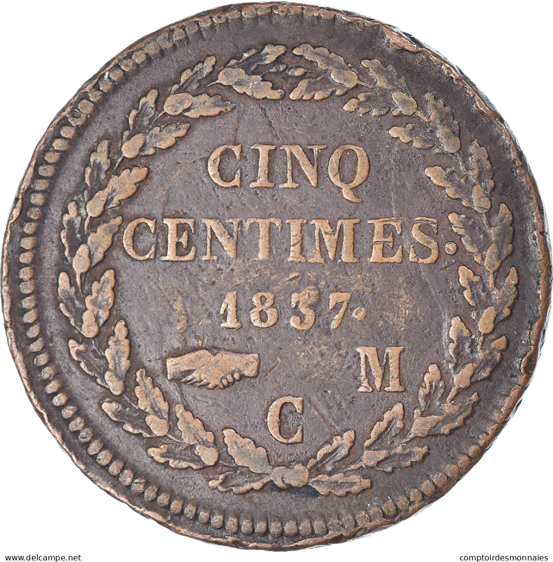 Monnaie, Monaco, Honore V, 5 Centimes, Cinq, 1837, Monaco, TTB, Cuivre - 1819-1922 Onorato V, Carlo III, Alberto I