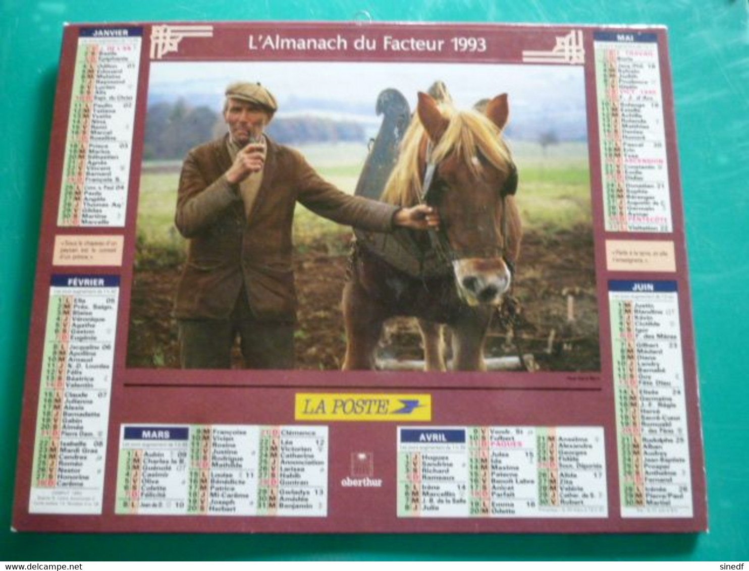 Calendrier 1993  Oberthur Fauchage à La Faux  Paysan Pipe Cheval Trait Almanach Facteur PTT POSTE Département Sarthe - Grand Format : 1991-00