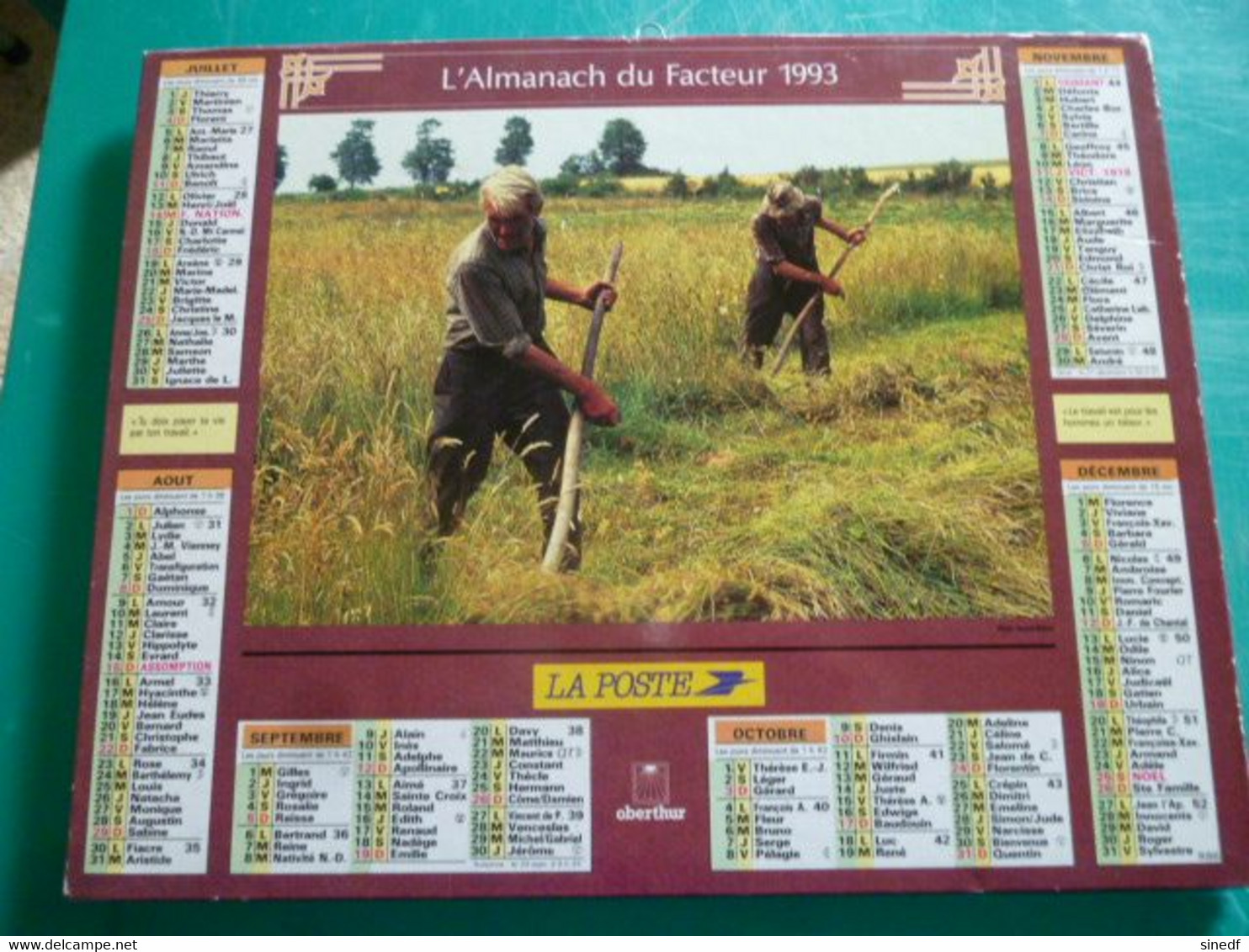 Calendrier 1993  Oberthur Fauchage à La Faux  Paysan Pipe Cheval Trait Almanach Facteur PTT POSTE Département Sarthe - Grand Format : 1991-00