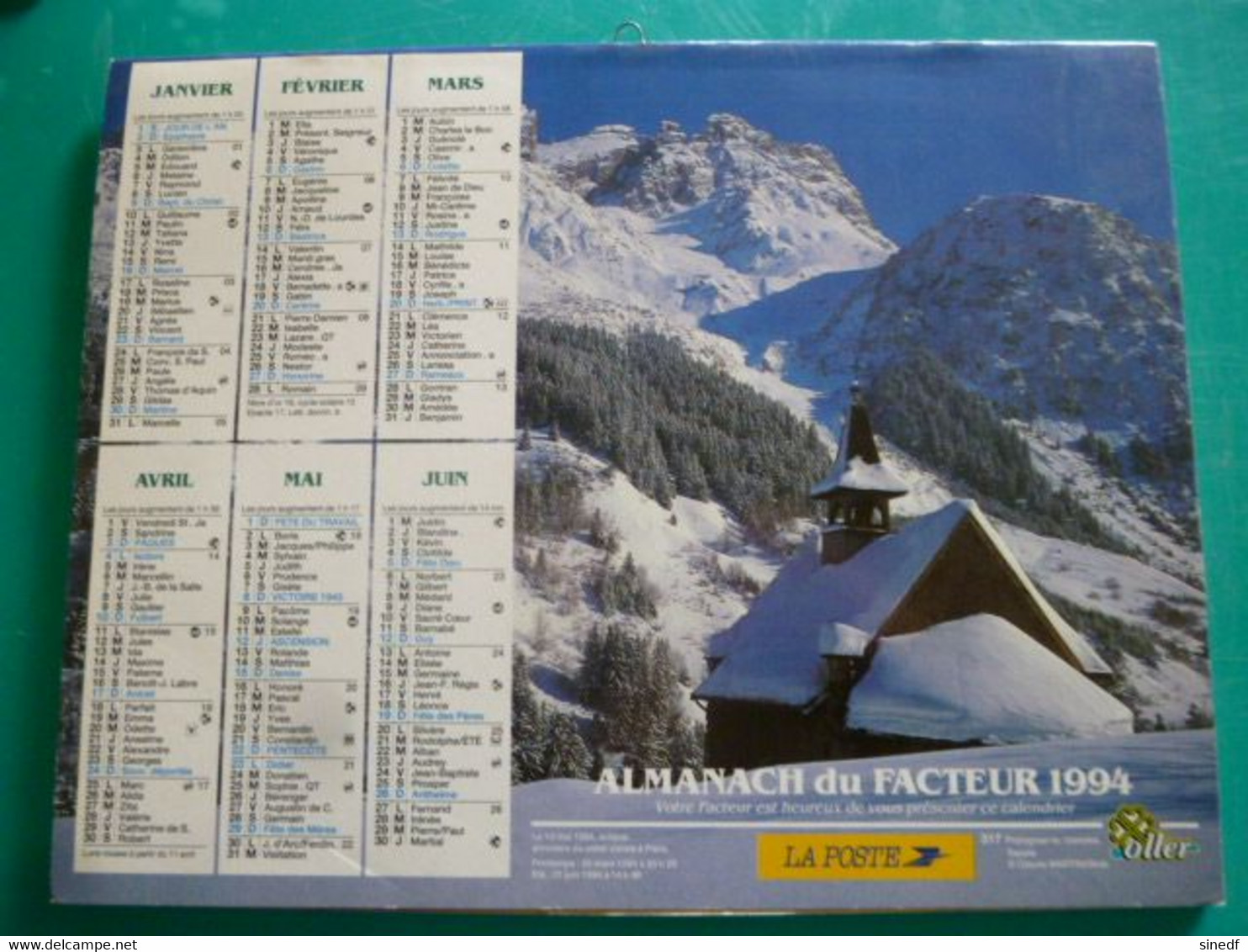 Calendrier 1994 Oller PRALOGNAN LA VANOISE Savoie Foret Riviere Colorado  Almanach Facteur PTT POSTE Département Sarthe - Grand Format : 1991-00