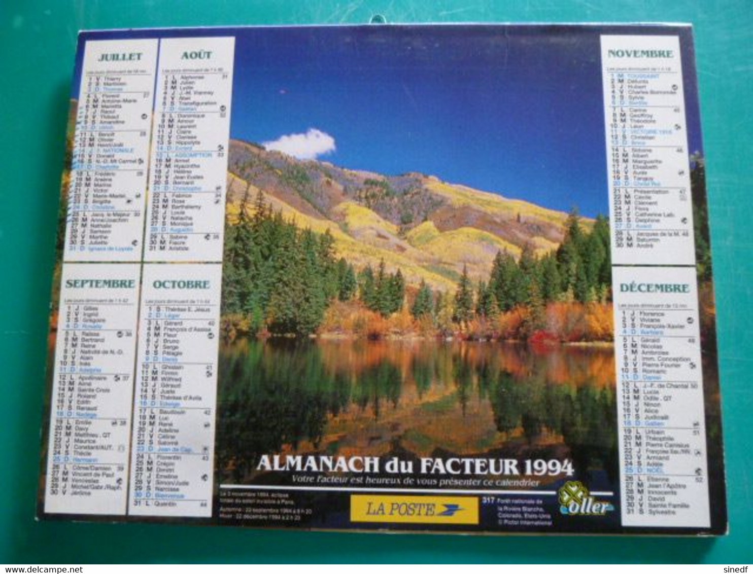 Calendrier 1994 Oller PRALOGNAN LA VANOISE Savoie Foret Riviere Colorado  Almanach Facteur PTT POSTE Département Sarthe - Grand Format : 1991-00