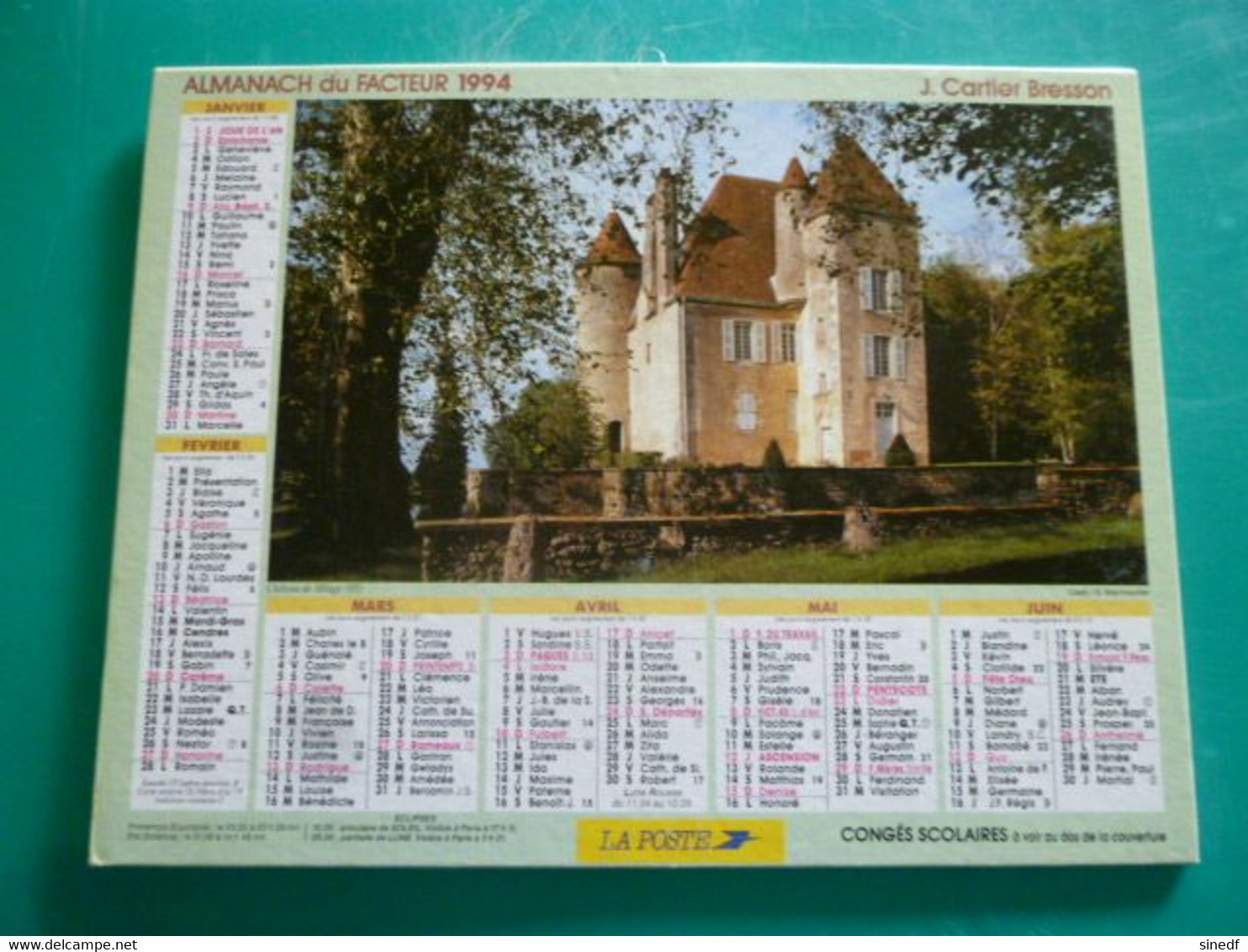 Calendrier 1994 Cartier Bresson CHATEAU De MEAGE Allier Jardin Automne Almanach Facteur PTT POSTE Département Sarthe - Grand Format : 1991-00