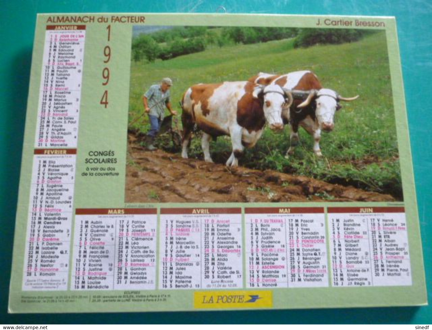 Calendrier 1994 Cartier Bresson Labours Attelage Boeufs Ain Moisson Alpes  Almanach Facteur PTT POSTE Département Sarthe - Grand Format : 1991-00