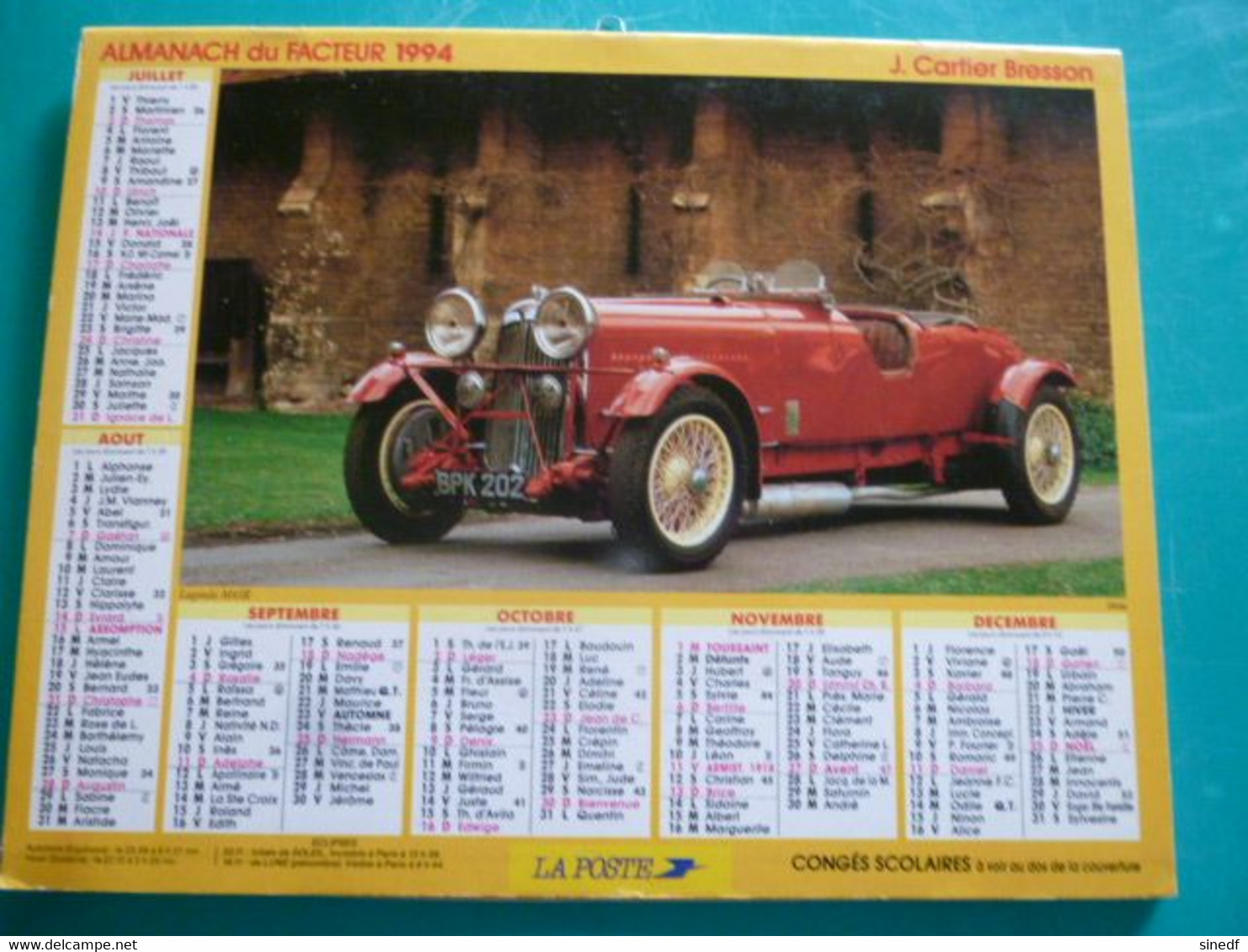 Calendrier 1994 Cartier Bresson Voiture LAGONDA M45R,  DUESENBERG Model J  Almanach Facteur PTT POSTE Département Sarthe - Grand Format : 1991-00