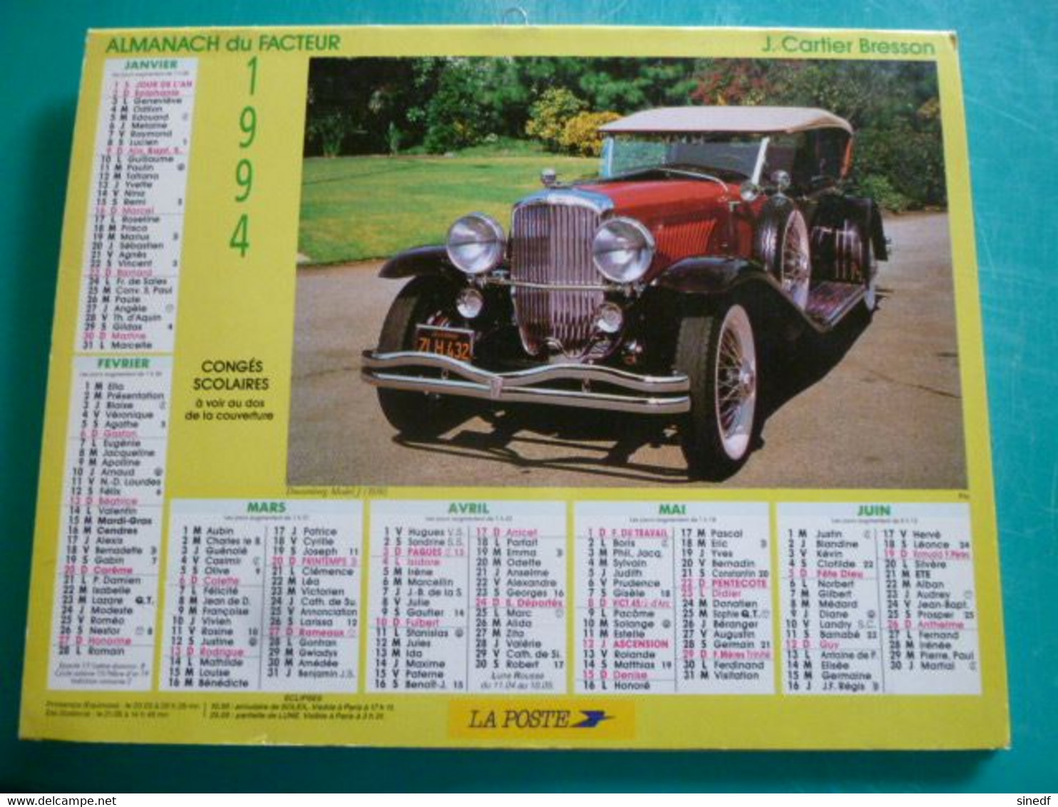 Calendrier 1994 Cartier Bresson Voiture LAGONDA M45R,  DUESENBERG Model J  Almanach Facteur PTT POSTE Département Sarthe - Grand Format : 1991-00