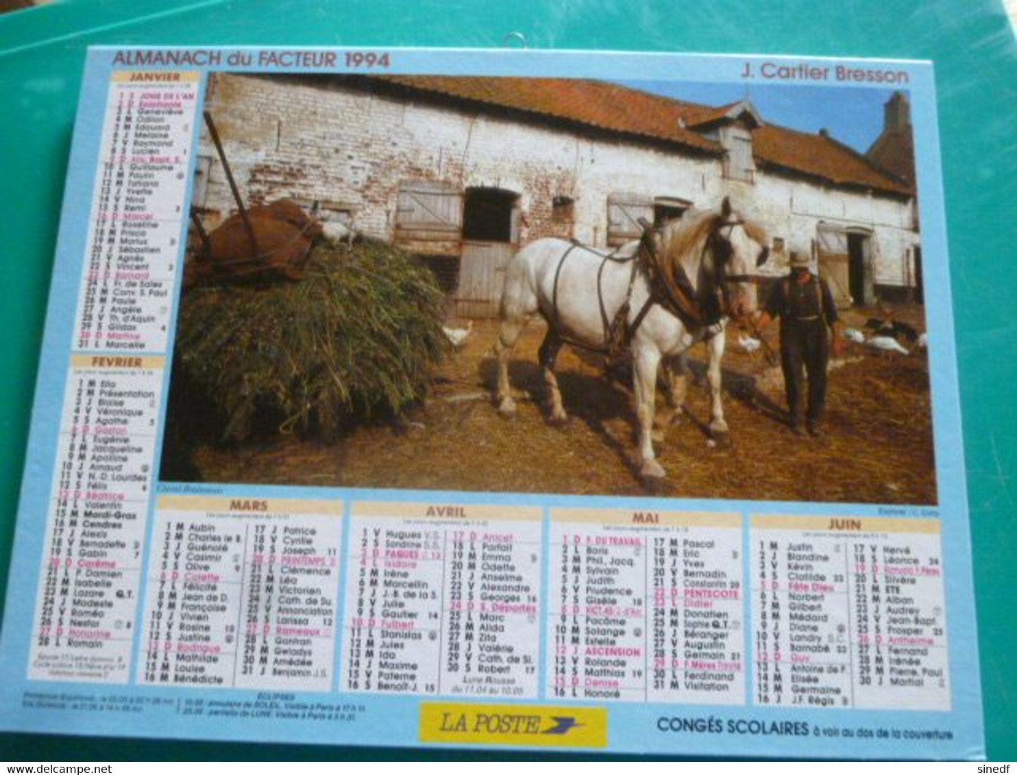 Calendrier 1994 Cartier Bresson Campagne Aveyron Poules Cheval Boulonnais  Almanach Facteur PTT POSTE Département Sarthe - Grand Format : 1991-00