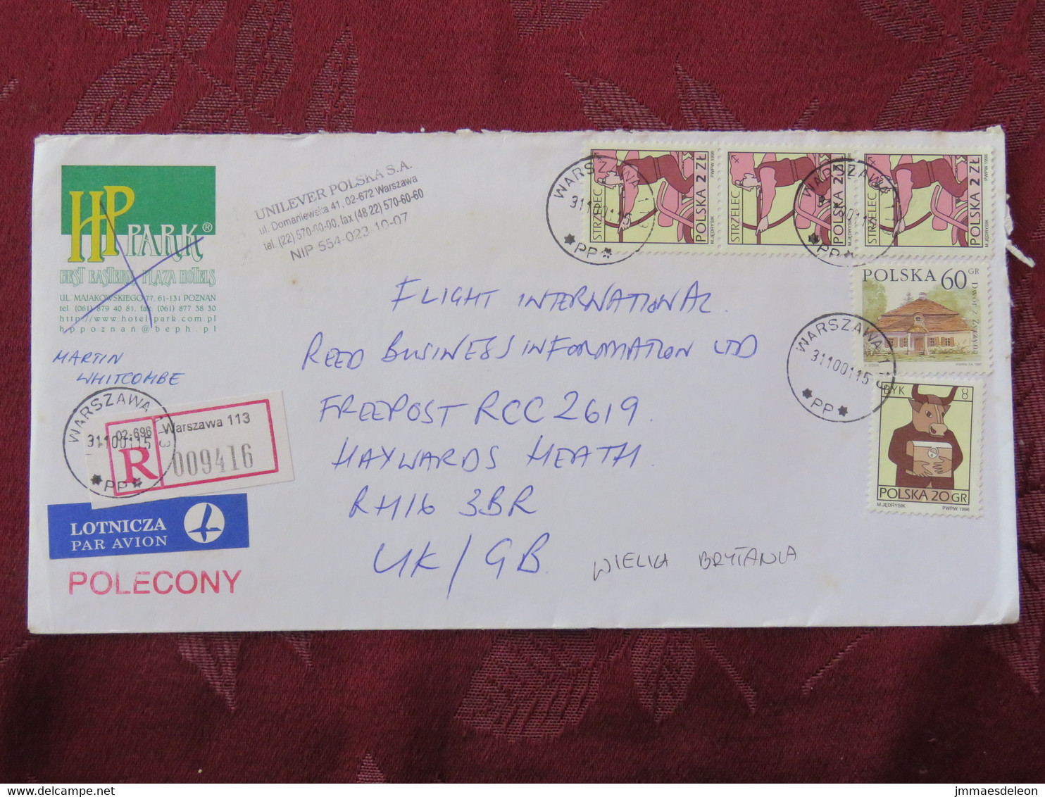 Poland 2001 Registered Cover To England - Houses - Zodiac Taurus Sagittarius Bow Motorcycle - Brieven En Documenten