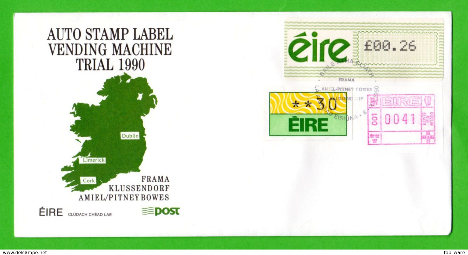 EIRE IRELAND ATM STAMPS / VENDING MACHINE TRIAL 1990 / SOAR ONE OFFICIAL FDC Automatenmarken Distributeur - Vignettes D'affranchissement (Frama)