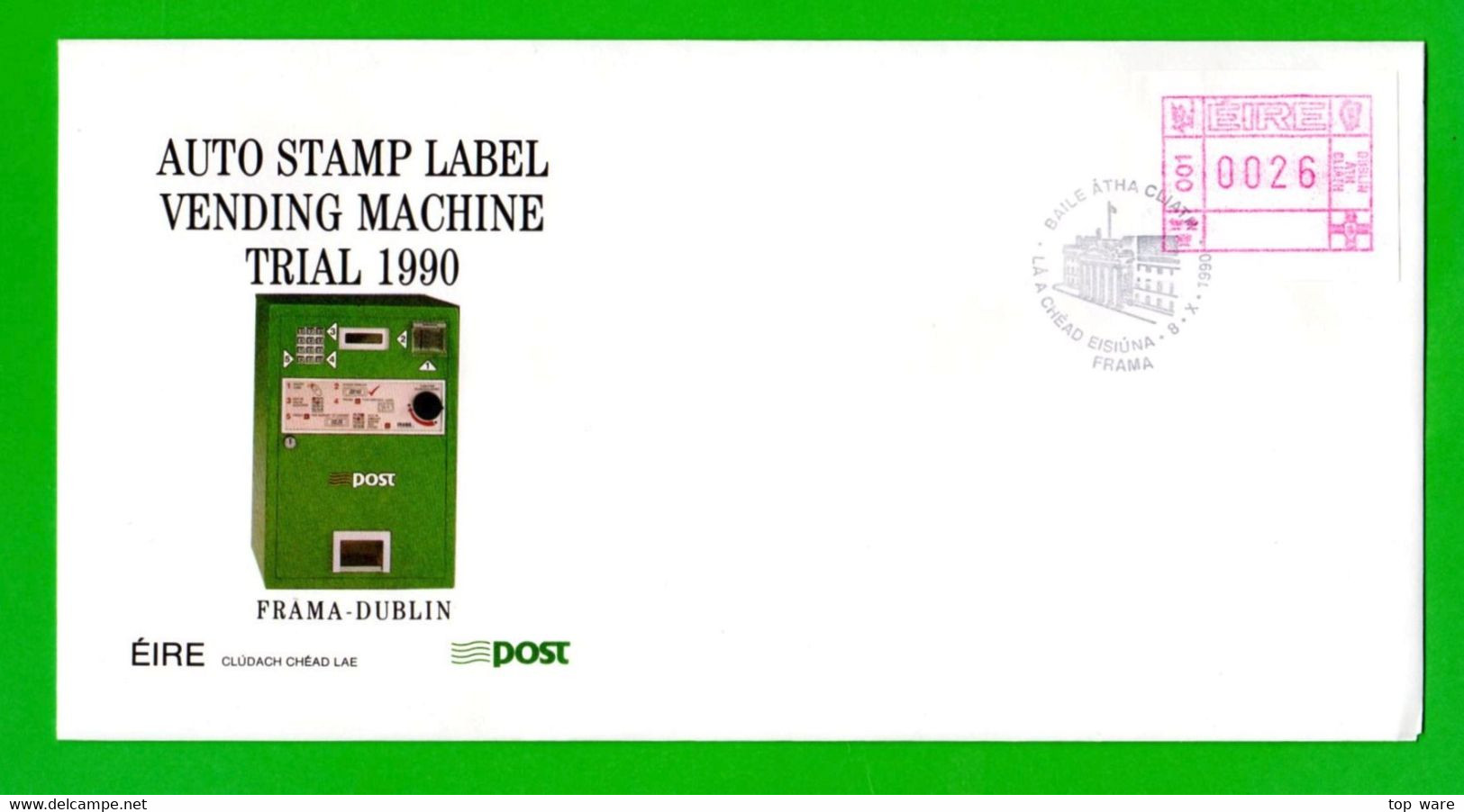 EIRE IRELAND ATM STAMPS / VENDING MACHINE TRIAL 1990 / SOAR THREE OFFICIAL FDC Automatenmarken Distributeur - Vignettes D'affranchissement (Frama)