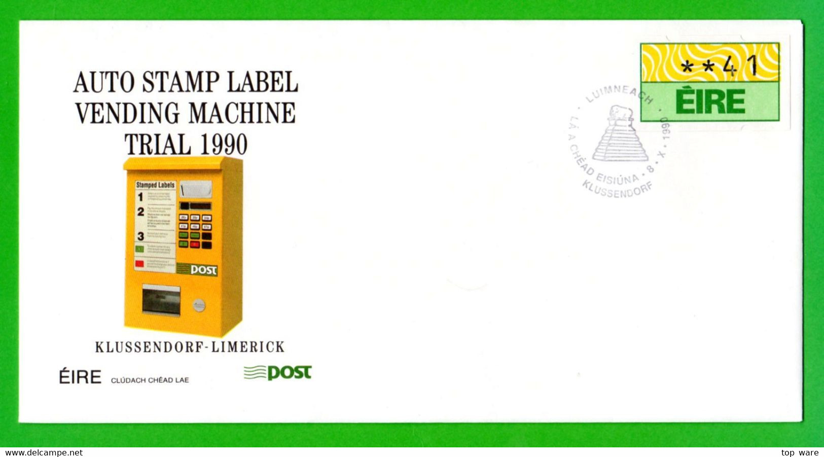 EIRE IRELAND ATM STAMPS / VENDING MACHINE TRIAL 1990 / SOAR THREE OFFICIAL FDC Automatenmarken Distributeur - Franking Labels