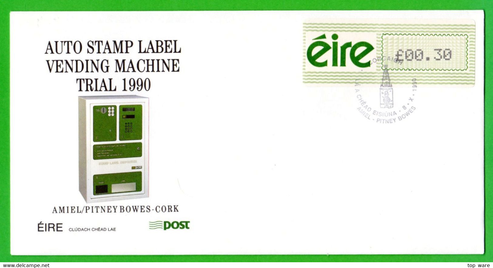 EIRE IRELAND ATM STAMPS / VENDING MACHINE TRIAL 1990 / SOAR THREE OFFICIAL FDC Automatenmarken Distributeur