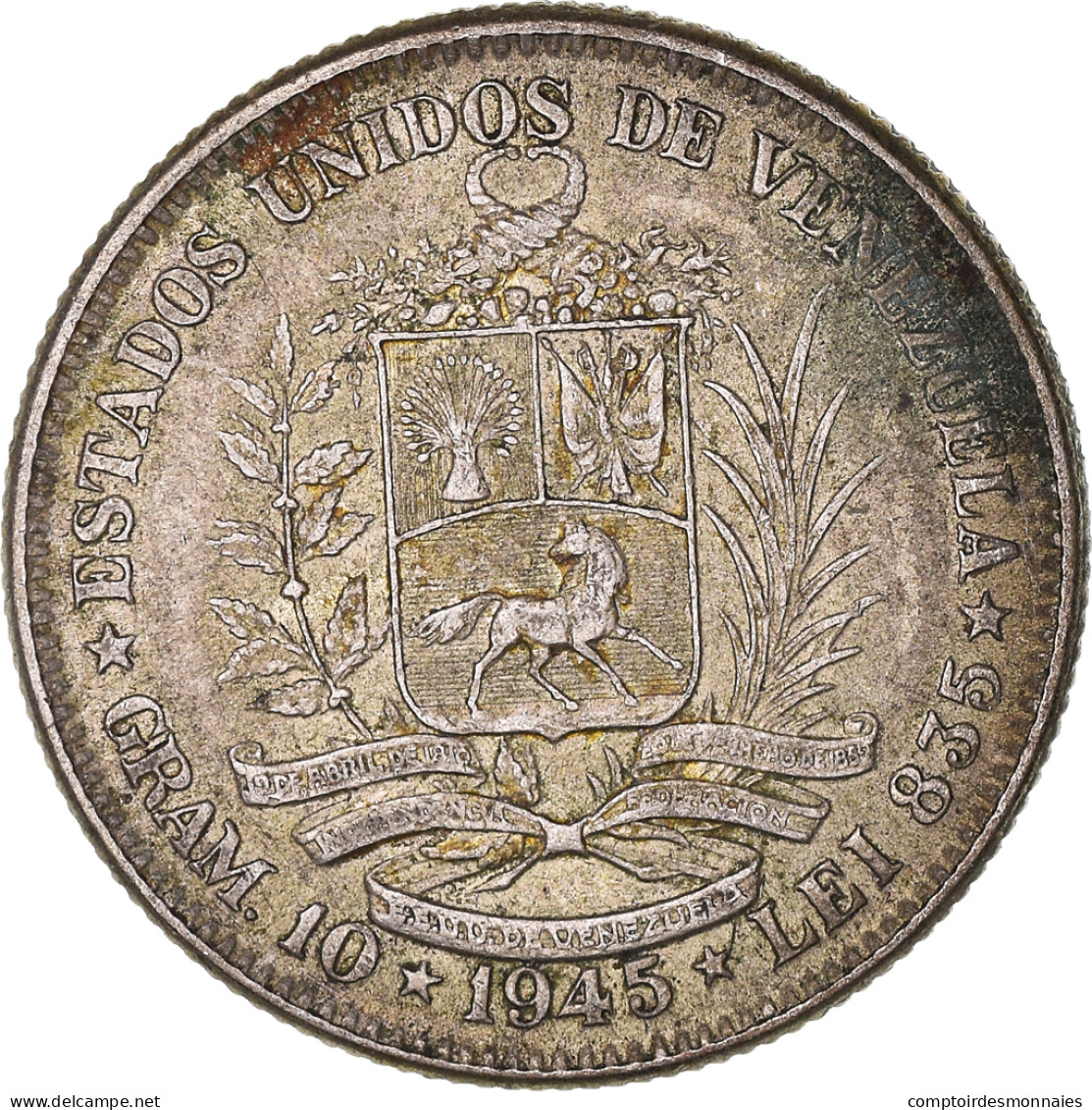 Monnaie, Venezuela, Gram 10, 2 Bolivares, 1945, Philadelphie, TTB, Argent - Venezuela