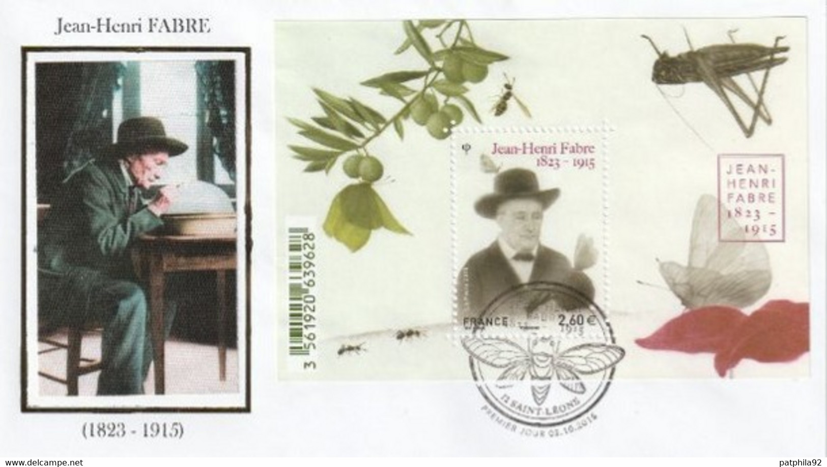 FRANCE 2015_Envel. 1er Jour_fdc_soie_Jean-Henri Fabre, Entomologiste. (F4980). PJ 12 St Léons 2/10/15. - 2010-2019