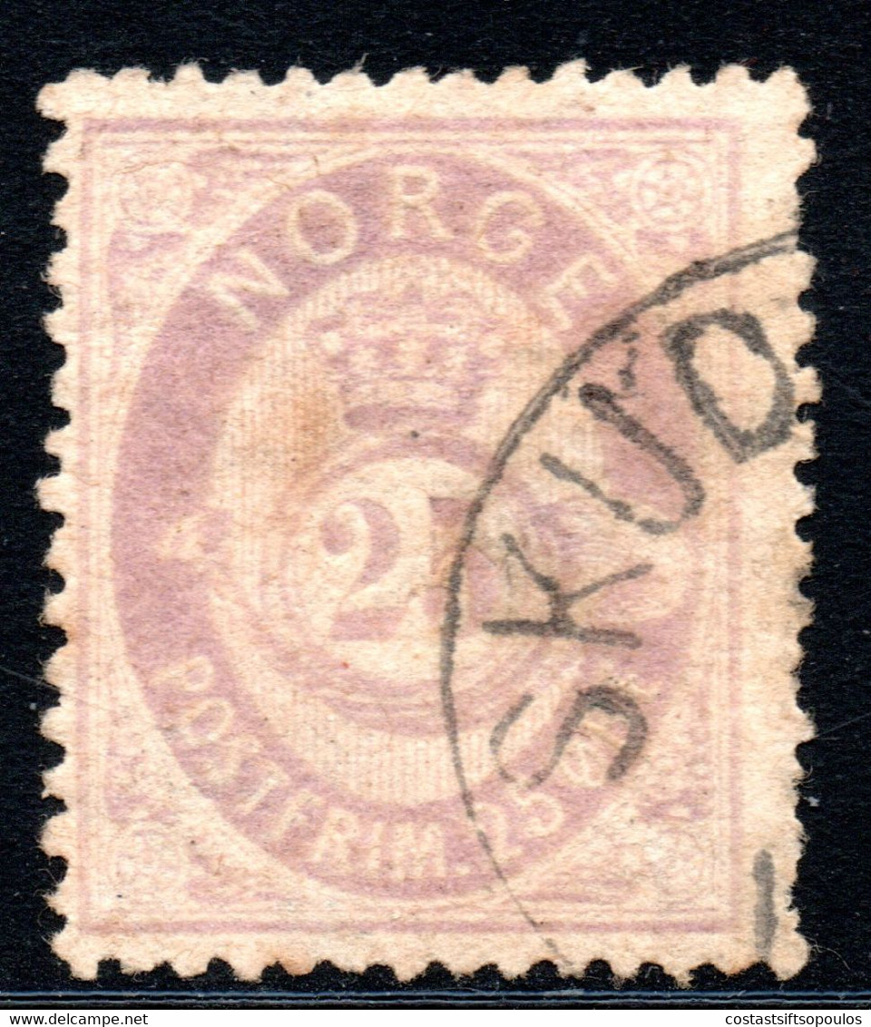 848.NORWAY.1877 25 O. # 28 WMK POST HORN SIDEWAYS(VERTICAL) - Oblitérés