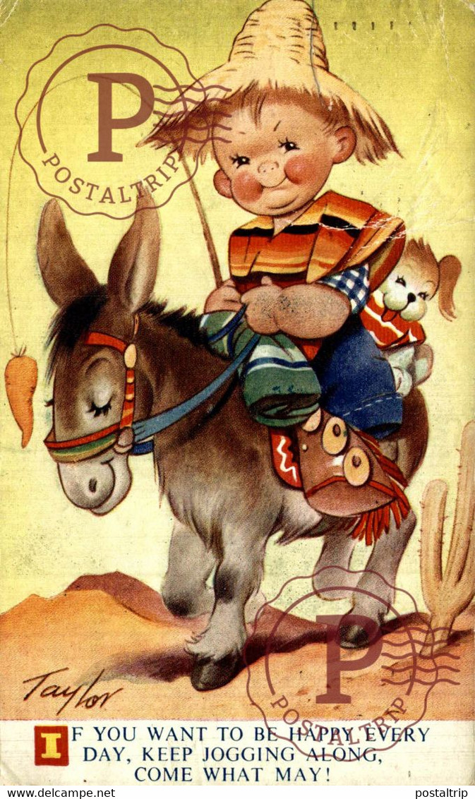 TAYLOR ILLUSTRATION. IF YOU WANT TO BE HAPPY EVERY DAY, KEEP JOGGING ALONG COME WHAT MAY! CHILDREN BURROS DONKEYS ÂNES - Taylor
