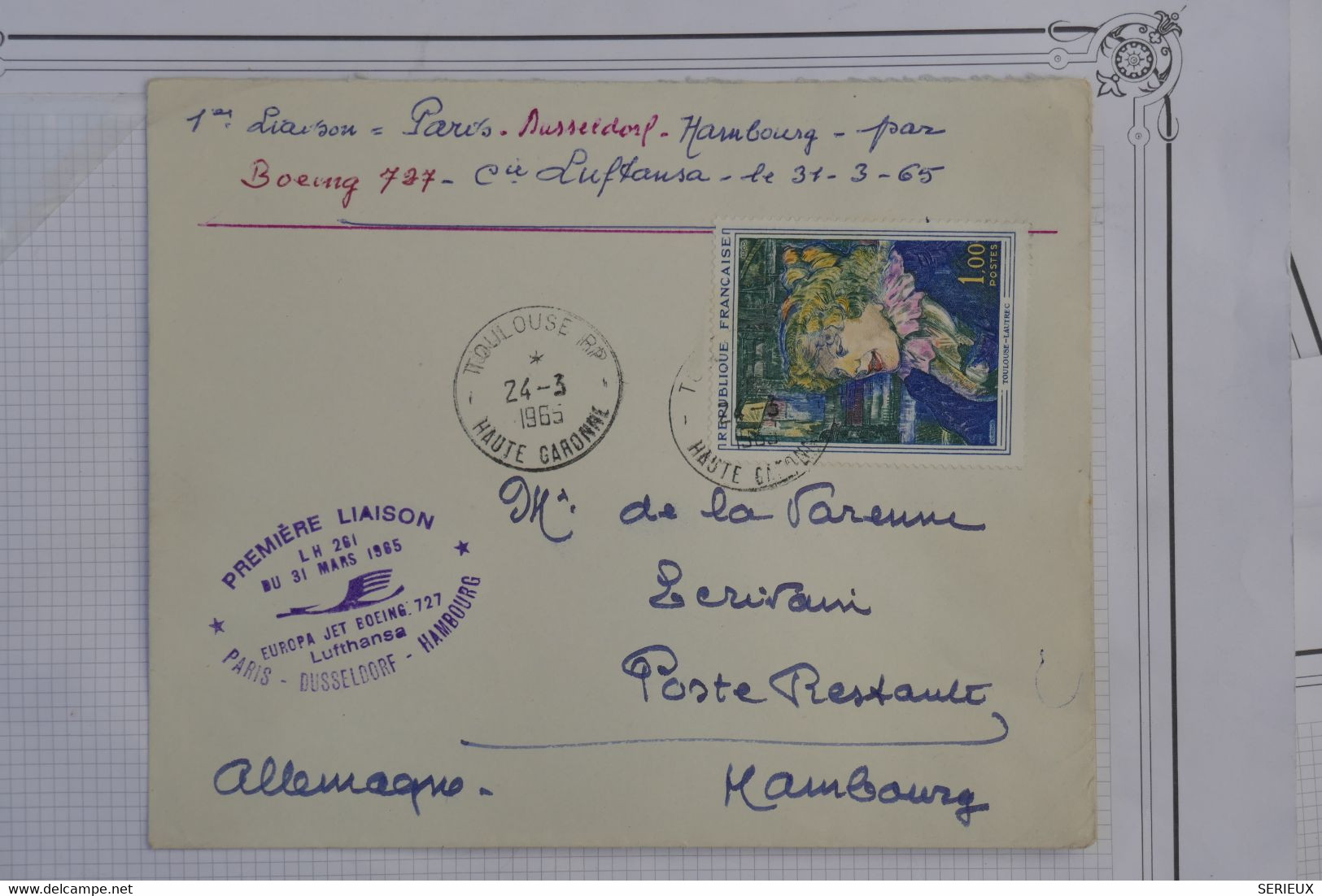 D96 FRANCE BELLE LETTRE 1965  1ERE LIAISON PARIS HAMBOURG +++AFFRANC.PLAISANT - 1960-.... Storia Postale