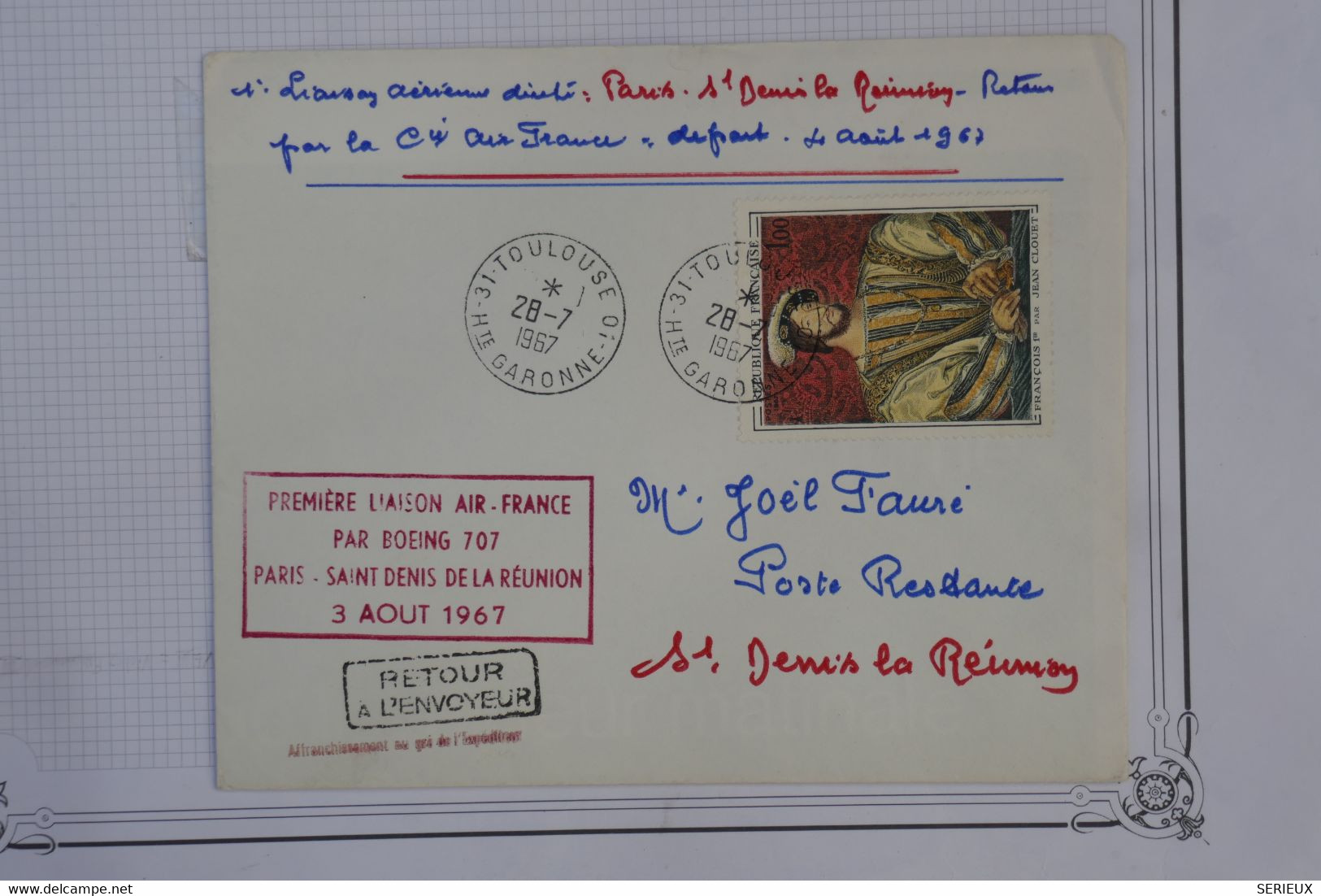 D96 FRANCE BELLE LETTRE 1965  1ERE LIAISON PARIS A ST DENIS DE LA REUNION  +++AFFRANC.PLAISANT - 1960-.... Covers & Documents