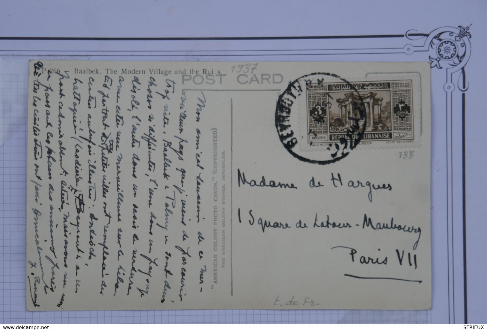 D98 LIBAN REPUBLIQUE  BELLE CARTE  1937  BEYROUTH  A  PARIS  FRANCE +AFFRANCH.INTERESSANT - Airmail