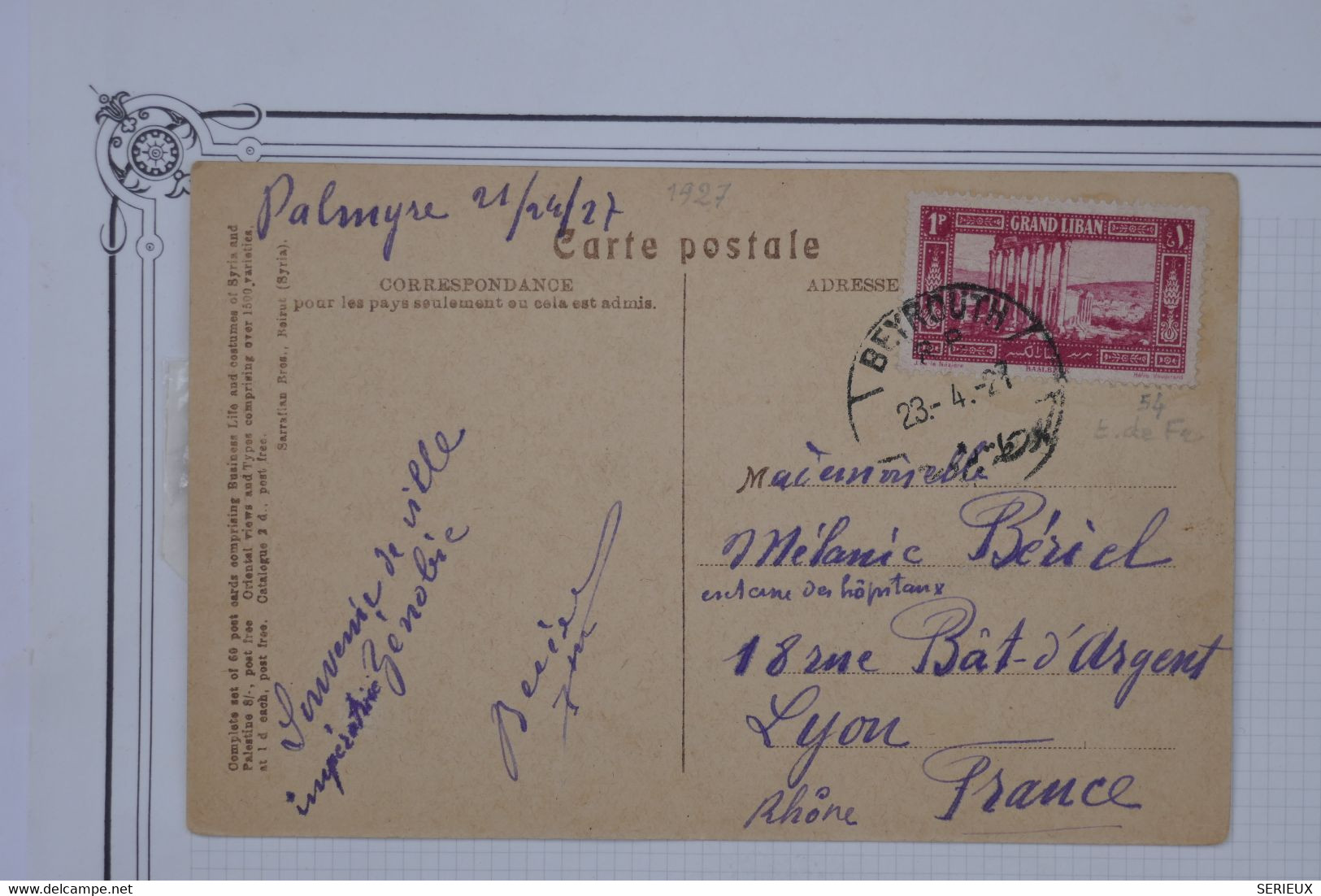 D98 GRAND LIBAN  BELLE CARTE   1927    PALMYR A PARIS  FRANCE  +LA RUE ++AFFRANCH.INTERESSANT - Lettres & Documents