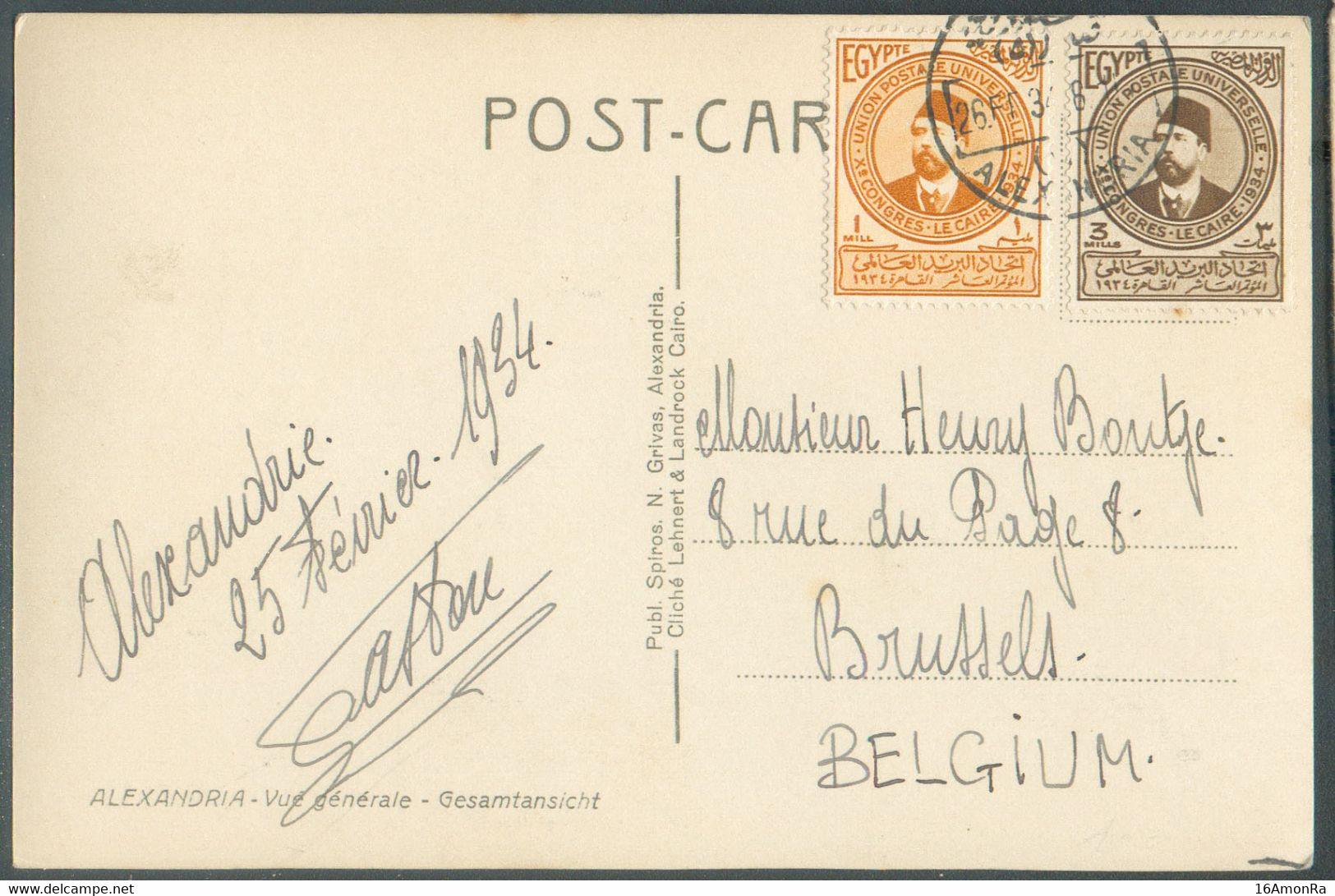 CP Affranchie Xe CONGRES UNION POSTALE UNIVERSELLE (U.P.U. UPU) 1m. + 3m. Cancelled ALEXANDRIA 26 Feb. 1934 To Brussels - Lettres & Documents