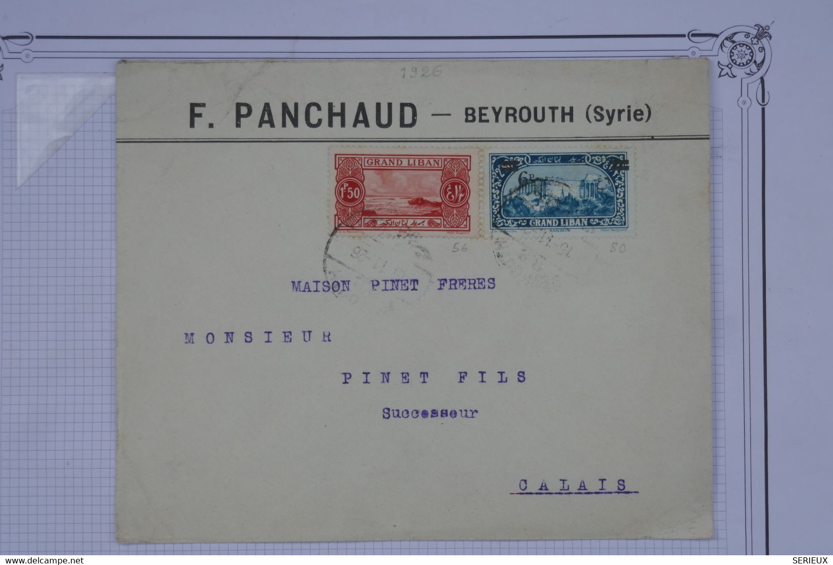 D98 GRAND LIBAN SYRIE  BELLE  LETTRE PRIVEE 1926   BEYROUTH A CALAIS   FRANCE  ++AFFRANCH. PLAISANT - Covers & Documents