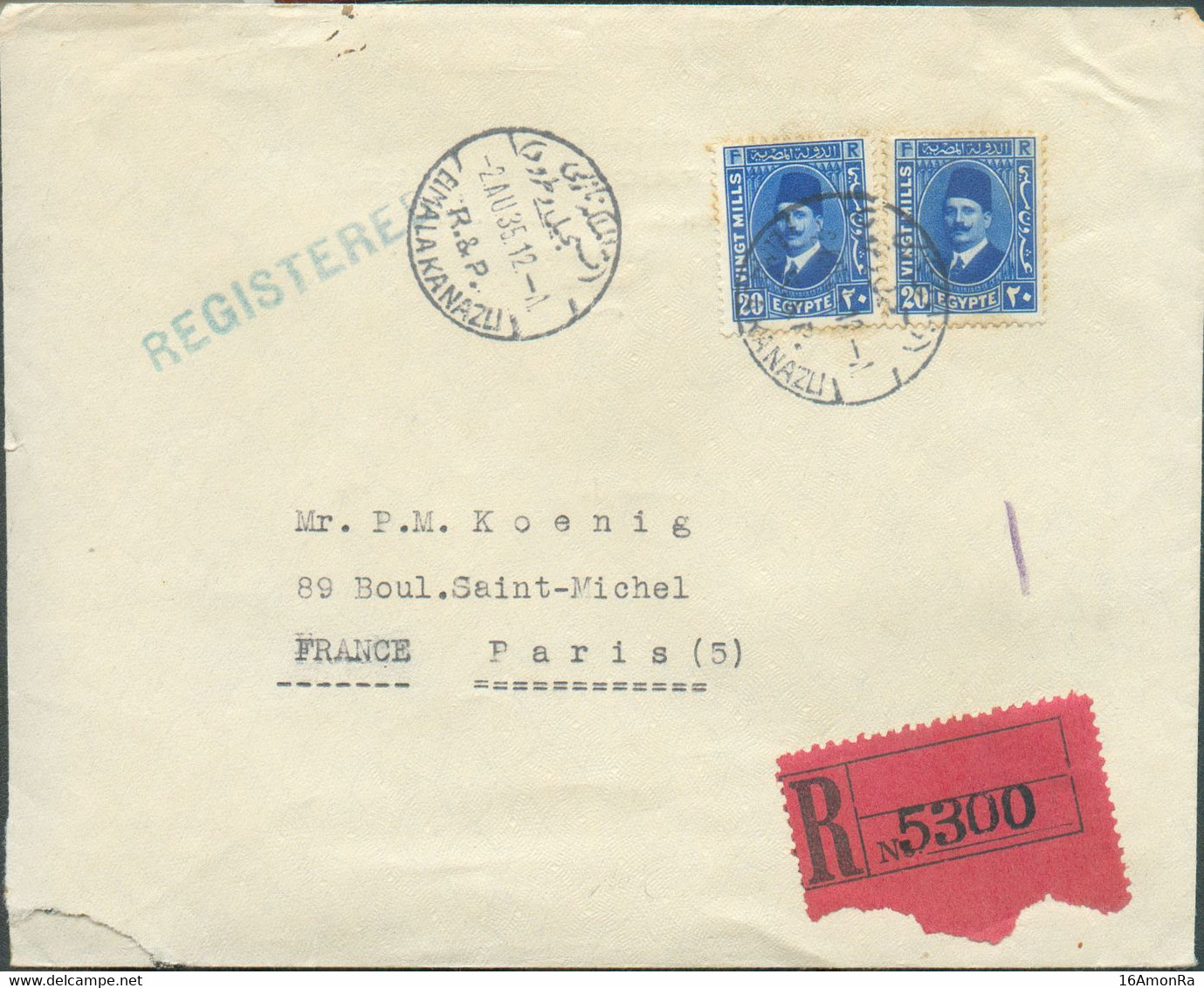 KING FOUAD 20p X2 Cancelled EL MALAKA NAZU (CAIRO) On Registered (label) Cover  2. AUG. 1935 To Paris - 19474 - Lettres & Documents