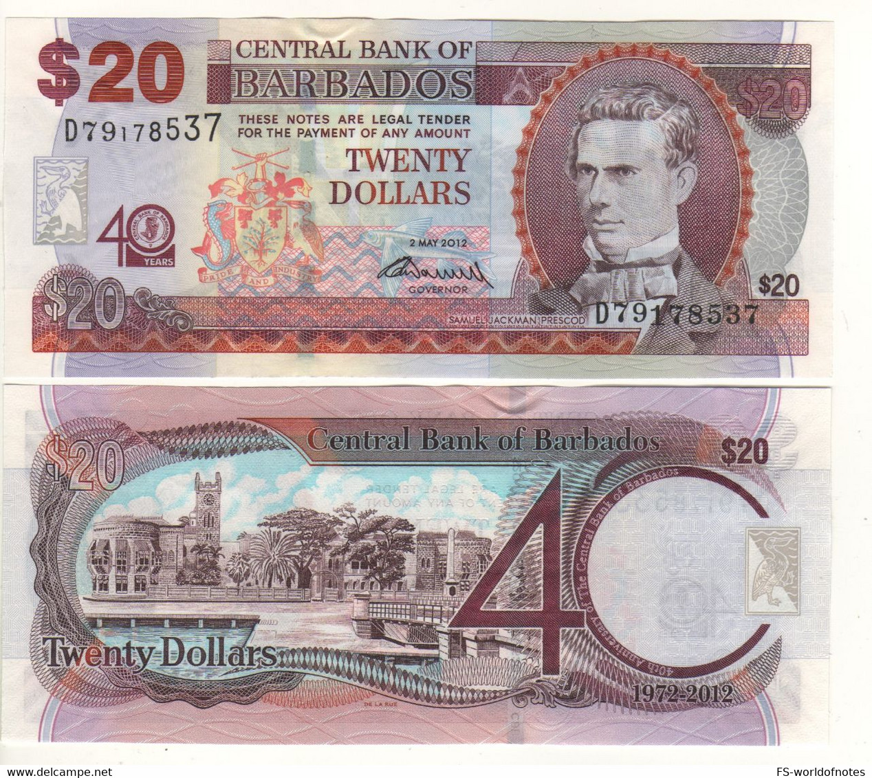 BARBADOS  20 Dollars  2012  P72  " Commemorative 40th Anniversary Central Bank "  (Samuel Jackman Prescod + Bridgetown) - Barbades
