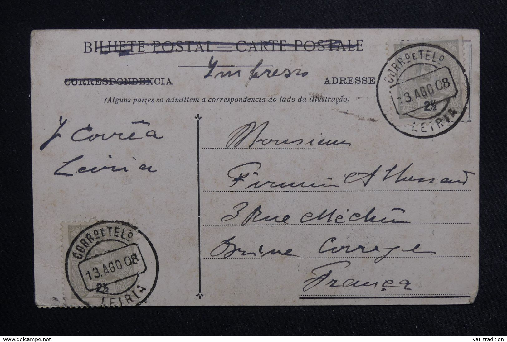 PORTUGAL - Affranchissement Recto Et Verso De Leiria Sur Carte Postale En 1908 Pour La France  - L 123224 - Covers & Documents