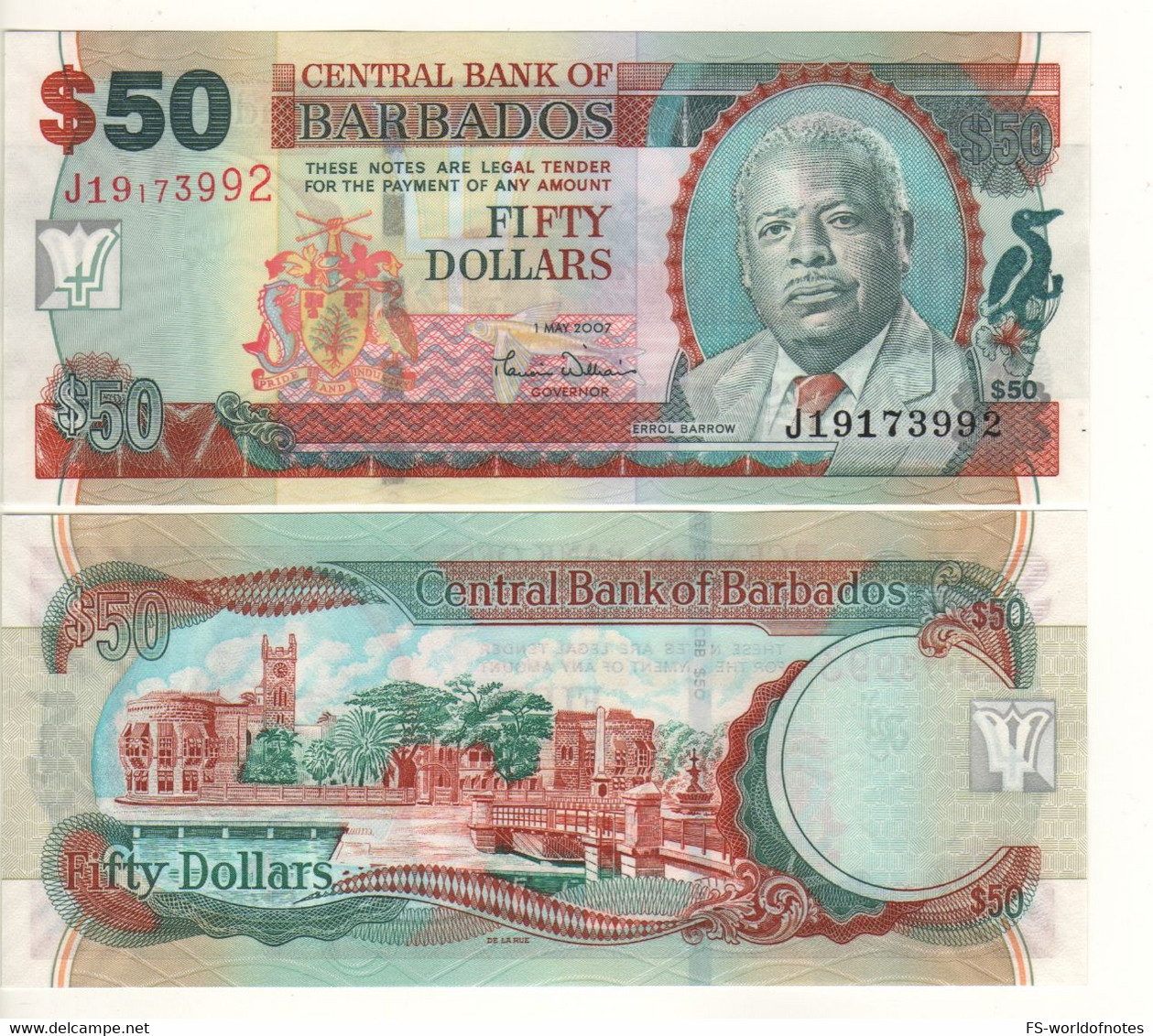 BARBADOS  50 Dollars  2007  P70a  "signature Williams"  ( Errol Barrow + Trafalgar Square-Bridgetown) - Barbados (Barbuda)