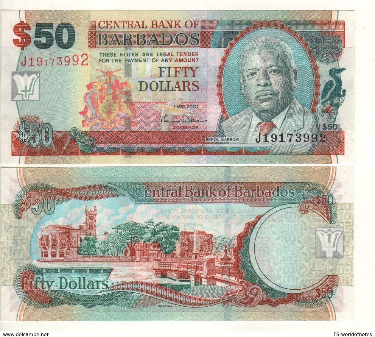 BARBADOS  50 Dollars  2007  P70a  "signature Williams"  ( Errol Barrow + Trafalgar Square-Bridgetown) - Barbados
