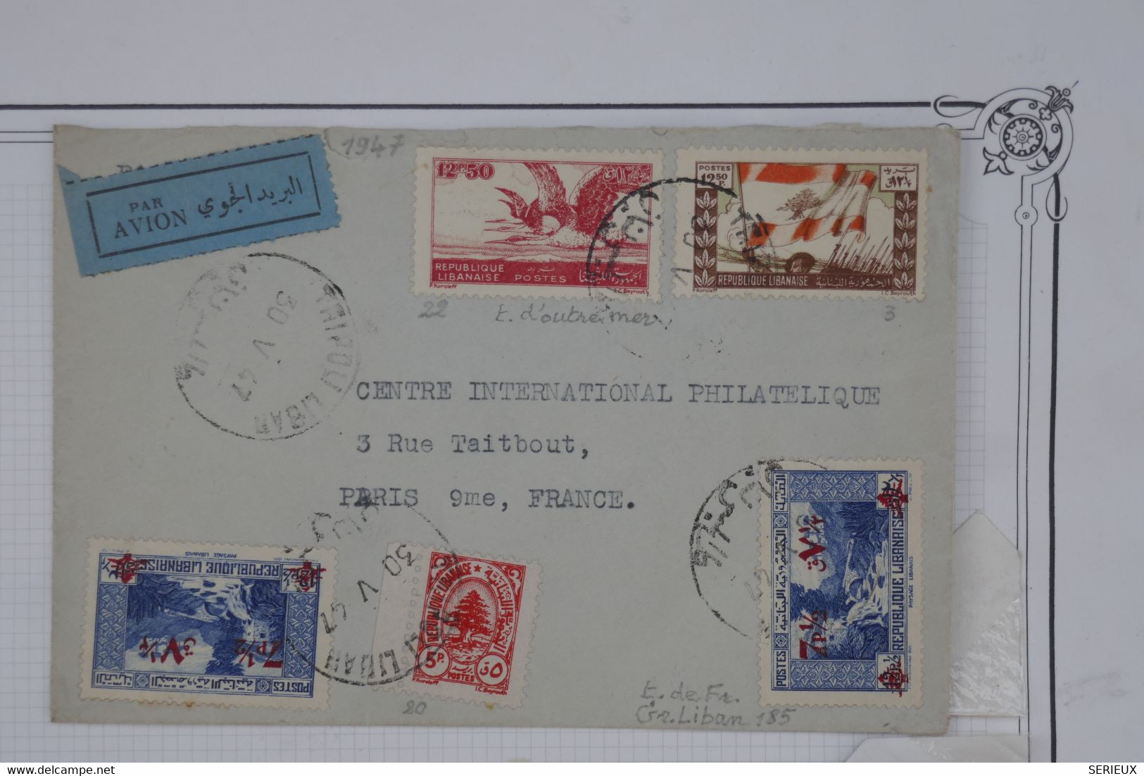 D98  LIBAN  LETTRE  1947 TRIPOLI A  PARIS FRANCE+ +TP SURCHARGE ROUGE +A VOIR +AFFRANCH. INTERESSANT - Lettres & Documents