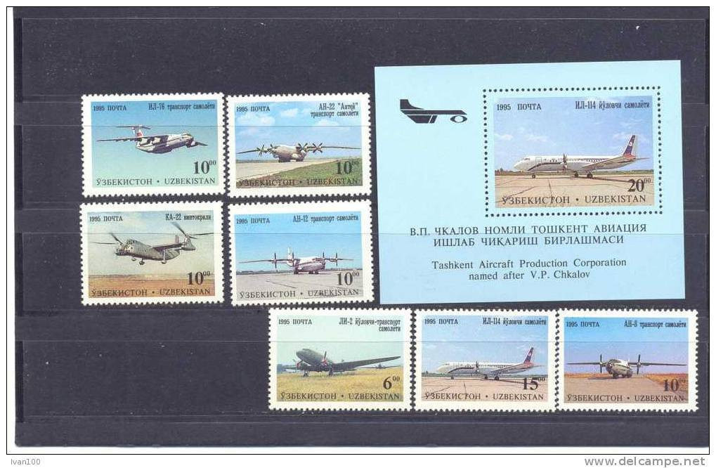 1995. Uzbekistan, Airplanes, 7v + S/s, Mint/** - Oezbekistan