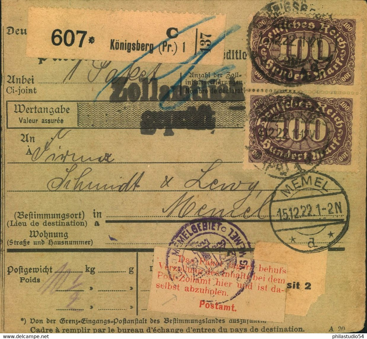 1922, Paketkarte Vom KÖNIGSBERG Nach MEMEL Mit Zolllabfertigung - Briefe U. Dokumente