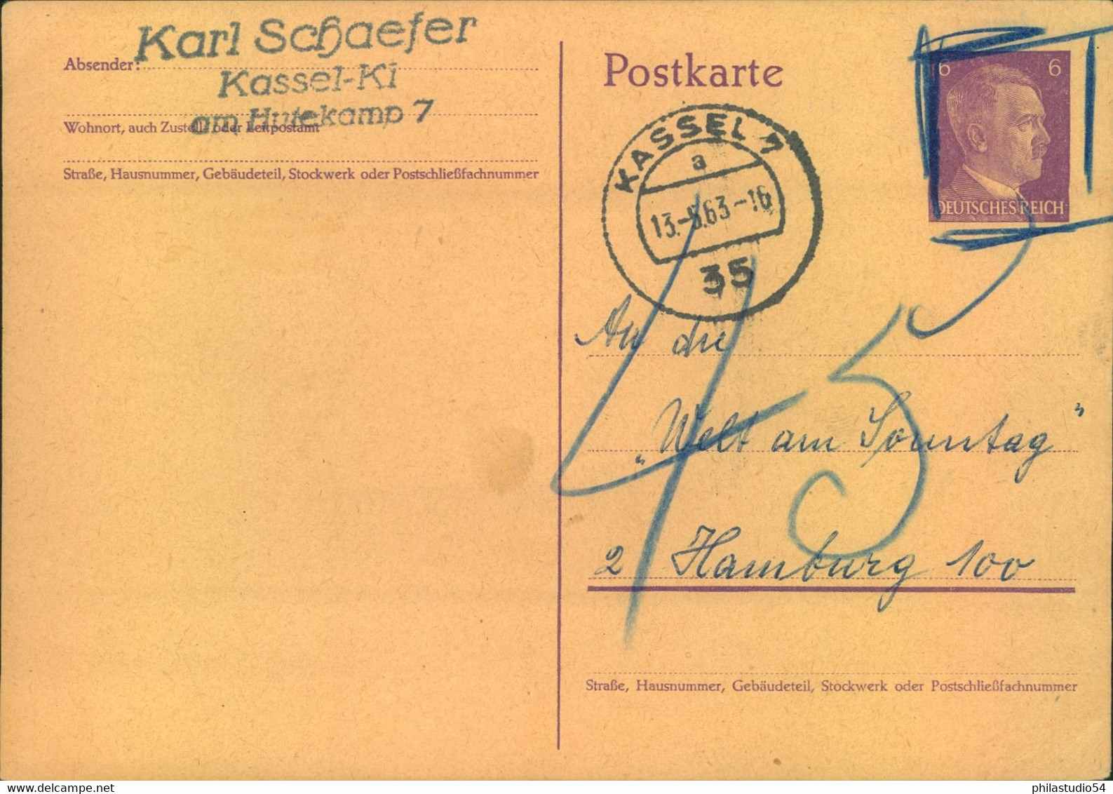 1963, 6 Pfg. Hitler Ganzsache Ab KASSRL Mit Nachporto "45" - Andere & Zonder Classificatie
