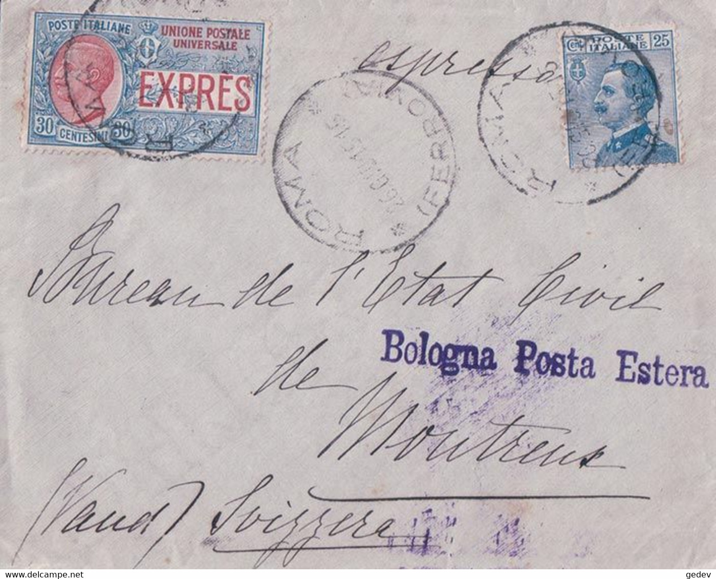 Italie, Lettre Expres Roma - Montreux Suisse (26.6.1915) - Posta Espresso