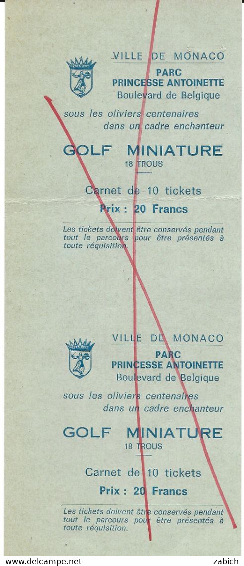 MONACO SPECIMEN GOLF MINIATURE PARC PRINCESSE ANTOINETTE CARNET DE 10 TICKETS 20 FR - Tickets - Vouchers