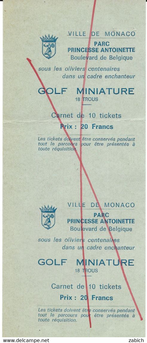 MONACO SPECIMEN GOLF MINIATURE PARC PRINCESSE ANTOINETTE CARNET DE 10 TICKETS 20 FR - Toegangskaarten