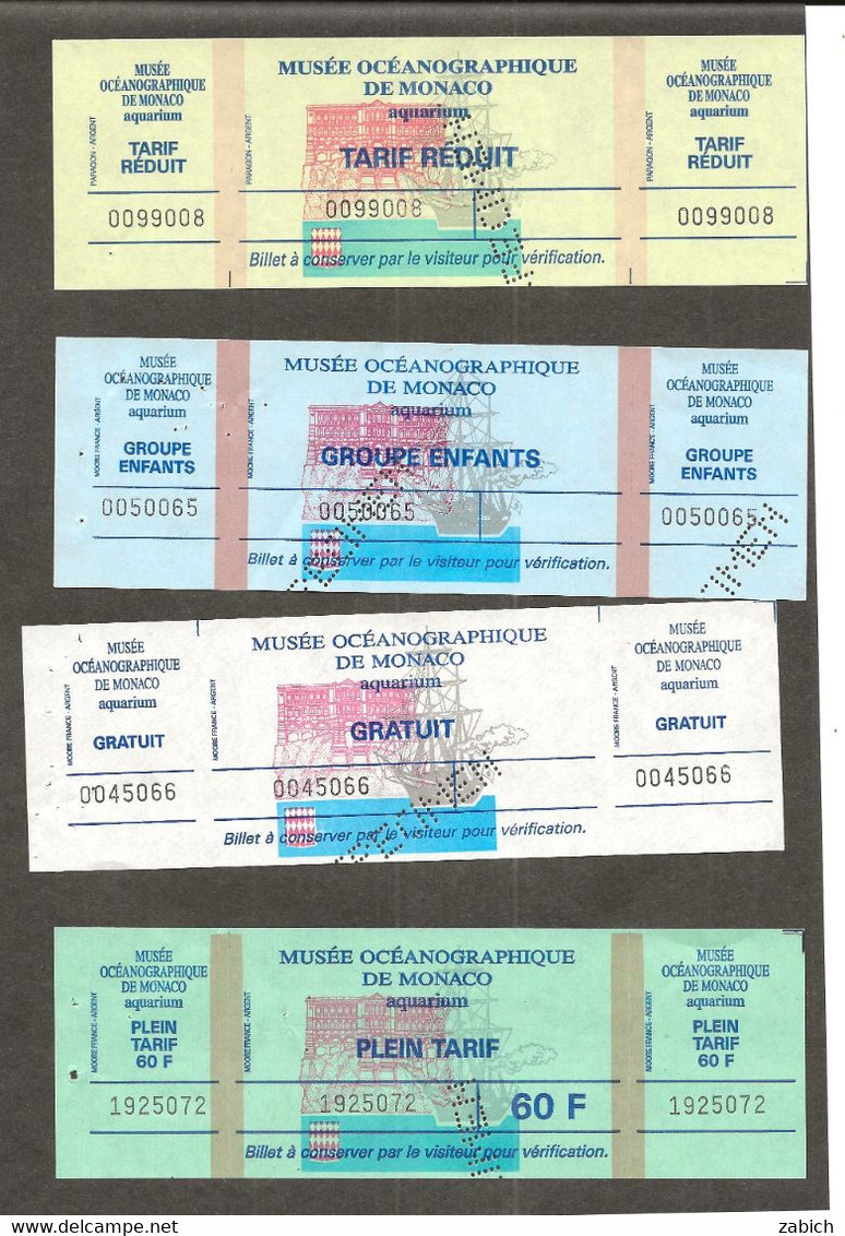 MONACO 4 BILLETS PERFORES SPECIMEN MUSEE OCEANOGRAPHIQUE DE MONACO AQUARIUM - Tickets - Vouchers