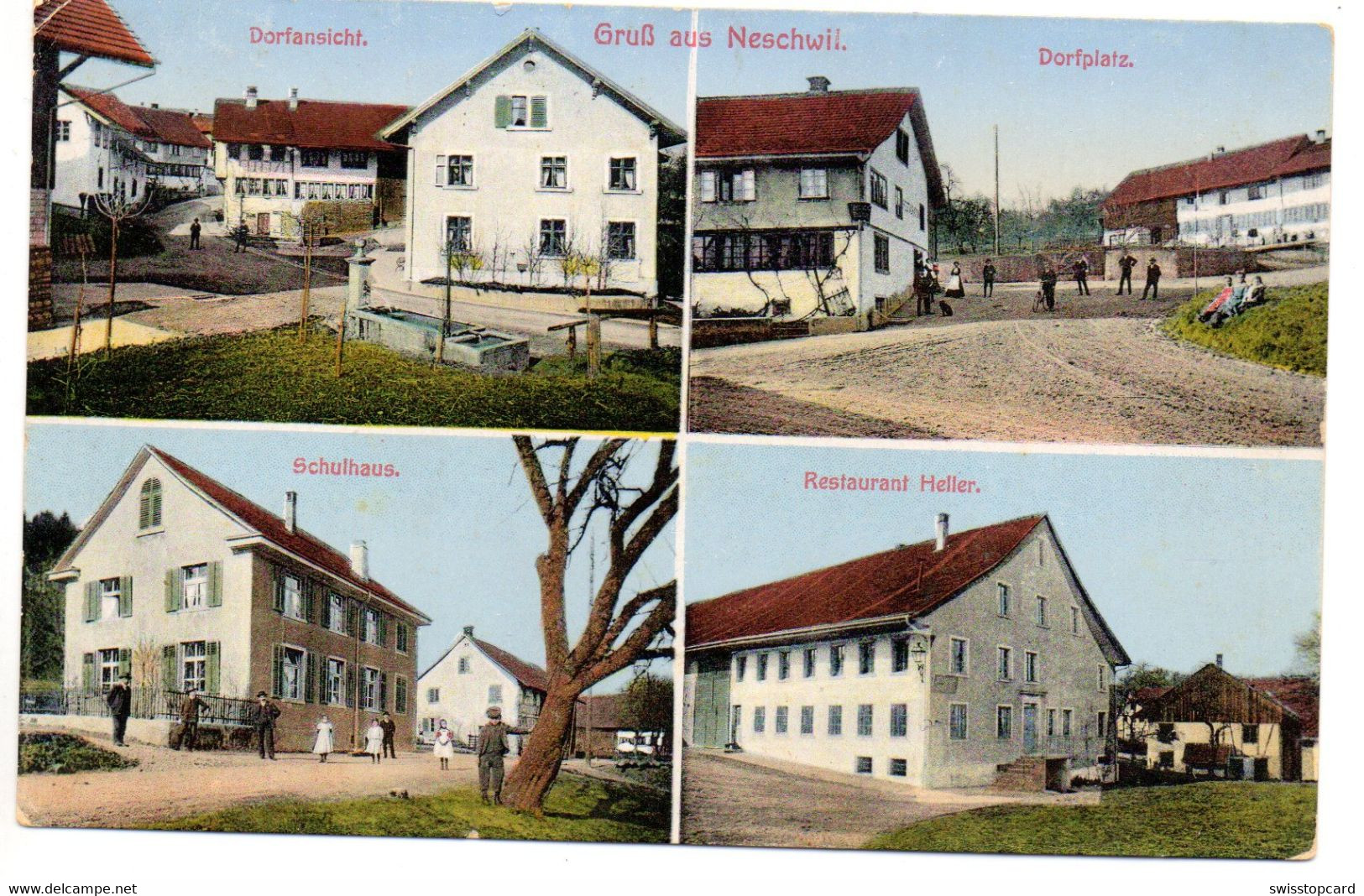 Gruss Aus NESCHWIL Dorfansicht Dorfplatz Schulhaus Restaurant Heller A. Hess Papeterie Wetzikon - Dorf